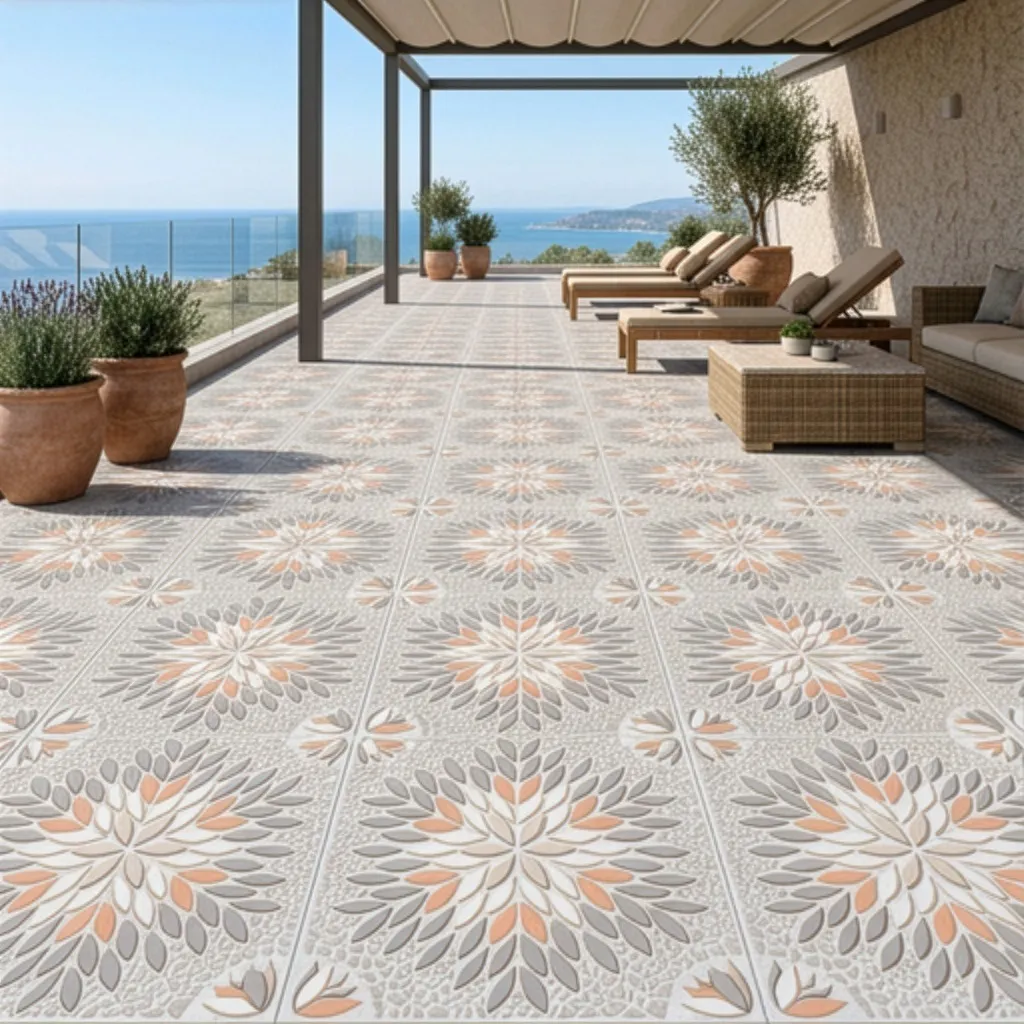Cerámica Mandala Exterior 45x45 cm instalada en terraza