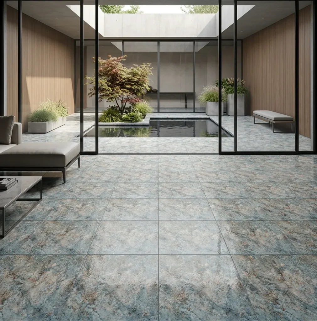 Cerámica Ziba Gris Brillante 44x44 cm en terraza cubierta tipo spa