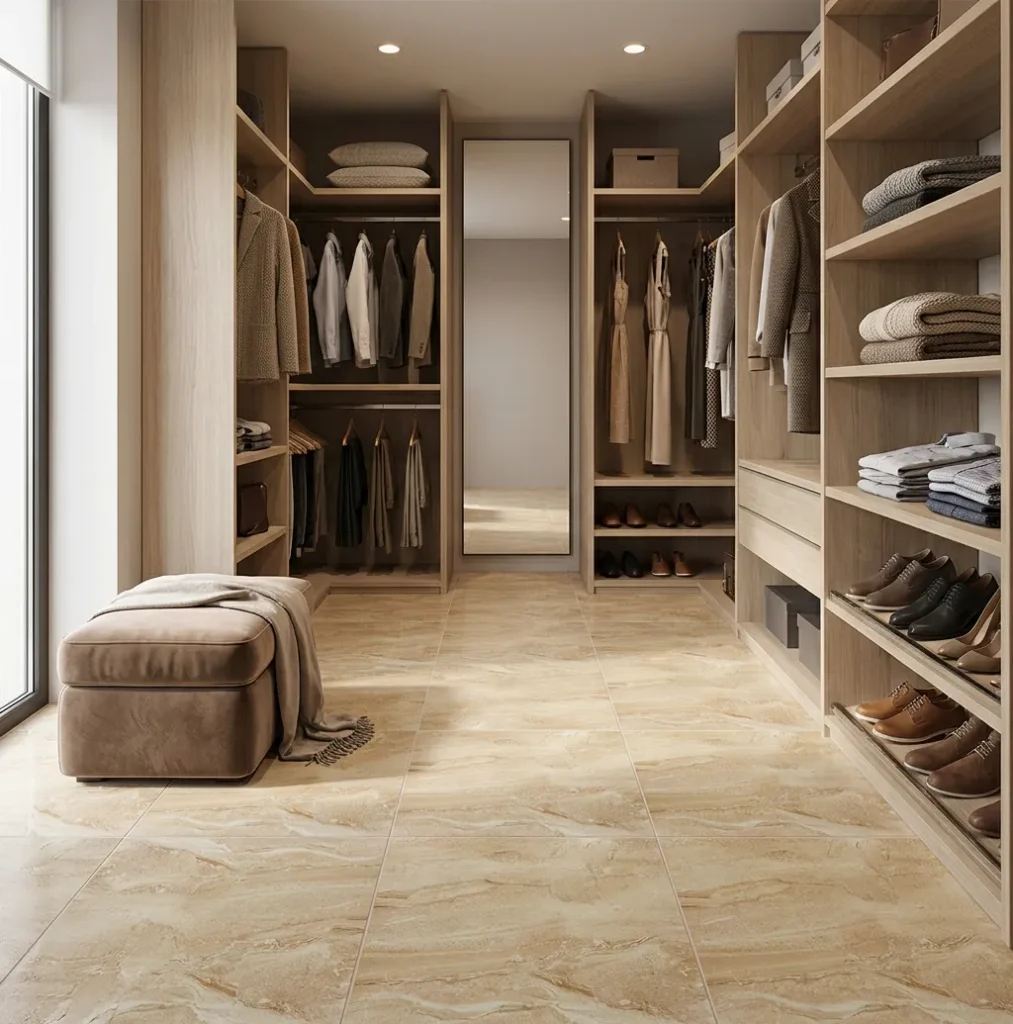 Cerámica Caramelo Beige 45x45 cm instalada en walk-in closet