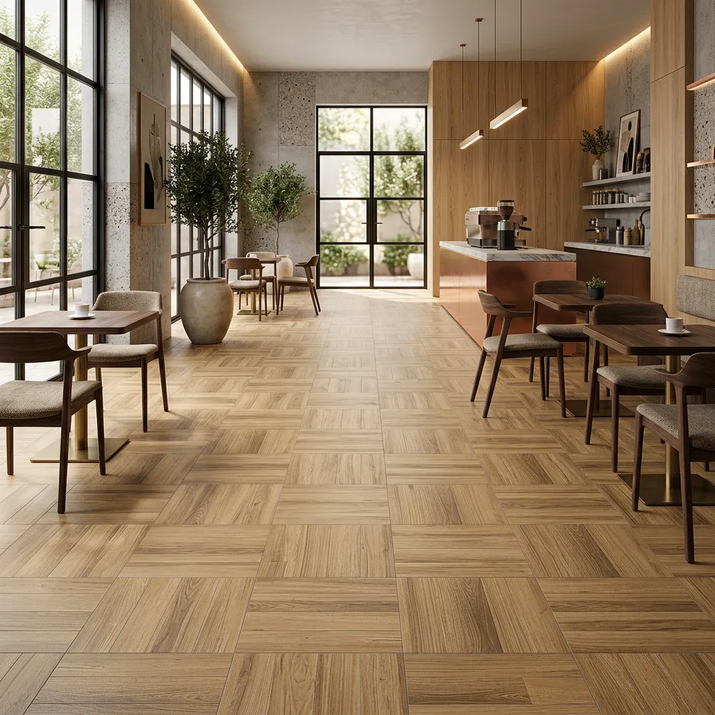 Cerámica Piso Madera Mongoy 61x61 cm instalada en café
