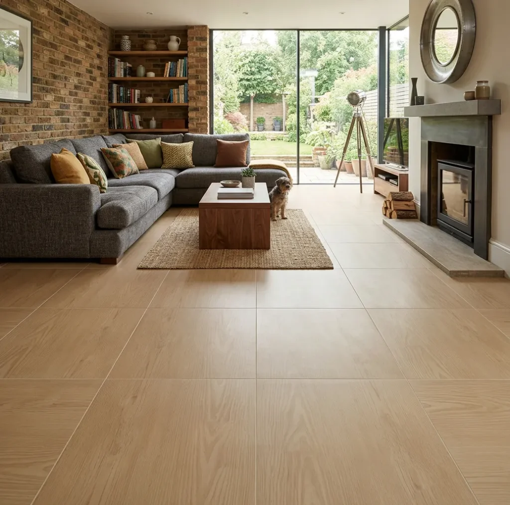 Porcelanato Madera Koyo 60x60 cm instalado en sala de estar