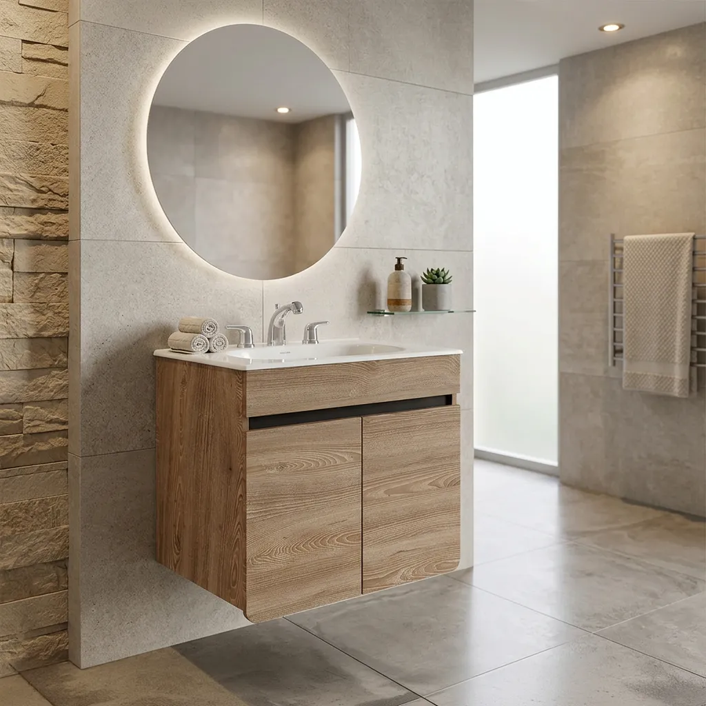 Mueble Aluvia Miel Elevado con Lavamanos 60 cm en baño moderno