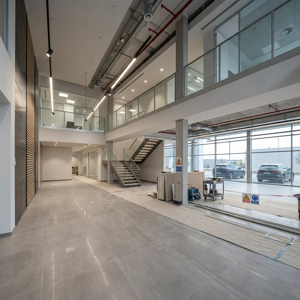 Remodelación integral de concesionario con pisos, acabados, drywall e iluminación por Construir Mejor en Bogotá